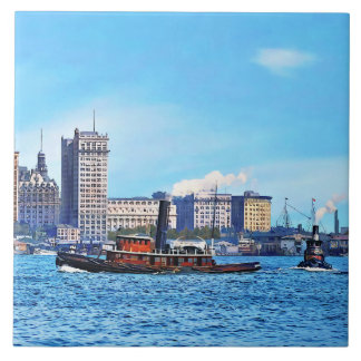Tugboats Near the New York City Skyline c1906 Kakelplatta