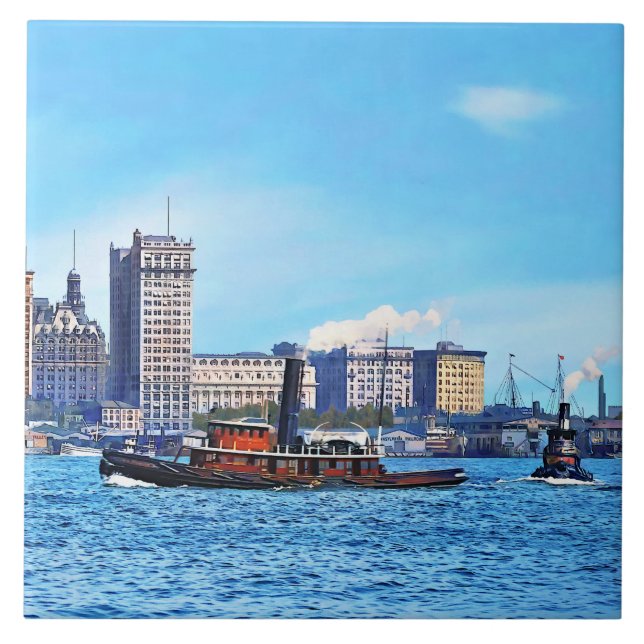 Tugboats Near the New York City Skyline c1906 Kakelplatta (Framsidan)