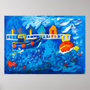 Tuggbåtar vid akrylmålning till havs av Kay Gale Poster