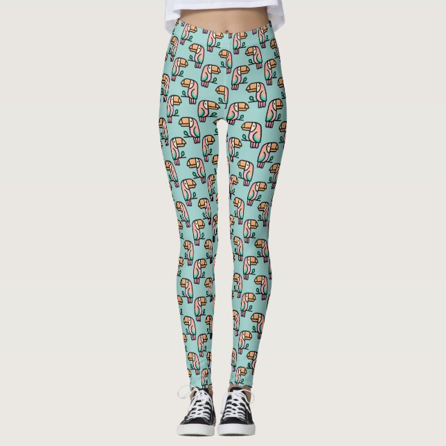 tukan djungelfågel pastell regnbåge seriefigur mön leggings (Framsida)