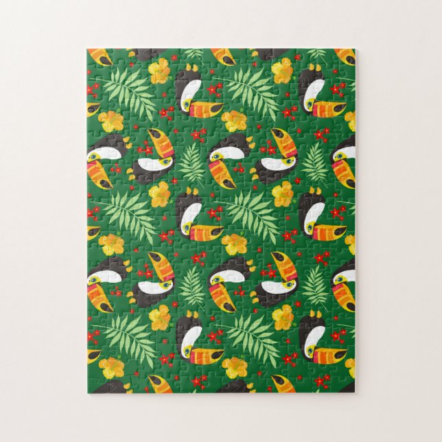 Tukanfågel Gröna blad Orange Röd blomma Pussel (Vertikal)