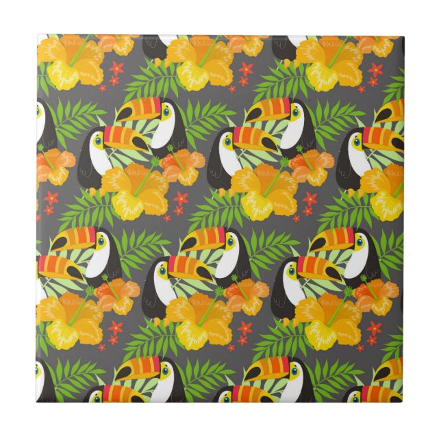 Tukanfågel Orange Tropiska Blommor Gröna blad Kakelplatta (Framsidan)