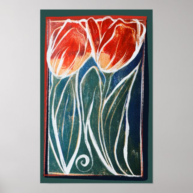 Tulip Artwork blue och red tulips vår Poster (Framsidan)