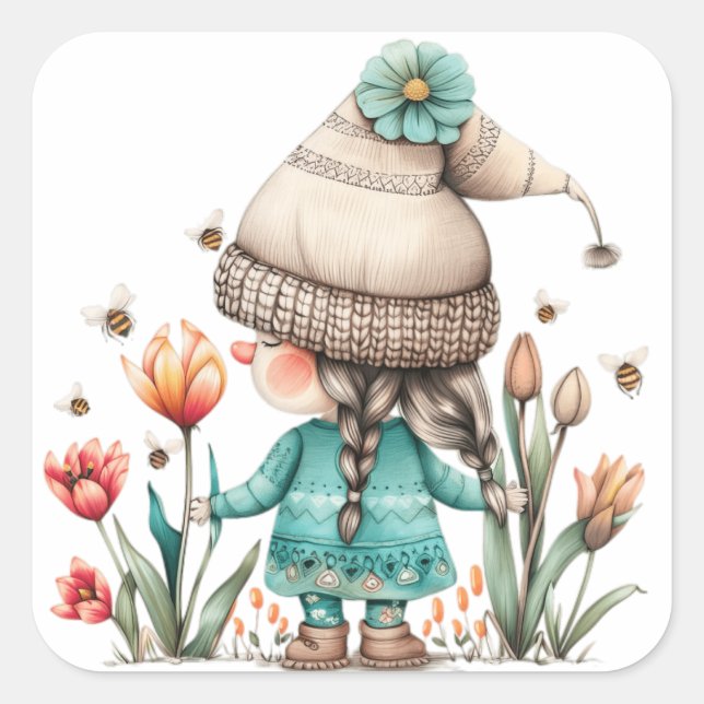 Tulip Blommigt Girl Gnome Fyrkantigt Klistermärke (Framsida)