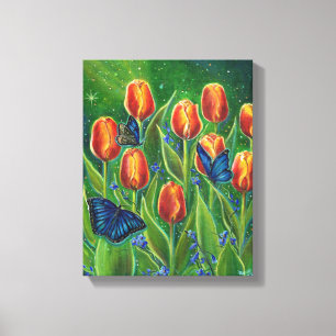 Tulip-blommor med fjärilar av Renee Lavoie Canvastryck