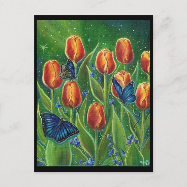 Tulip-blommor med fjärilar av Renee Lavoie Vykort (Framsida)