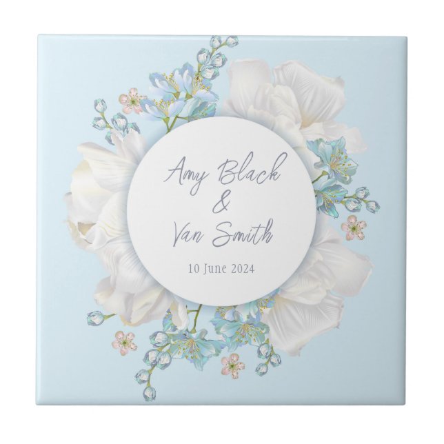 Tulip Blue Blommigt Bröllop Kakelplatta (Framsidan)