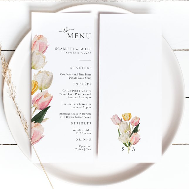 Tulip Bröllop Menu Meny (Elegant Watercolor Tulip Wedding Menu Monogrammed by Painted Paperie
)