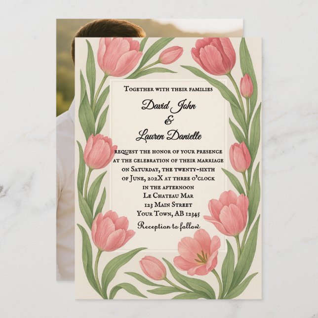 Tulip Ever After Photo Wedding Invitation Inbjudningar (Fram/baksida)