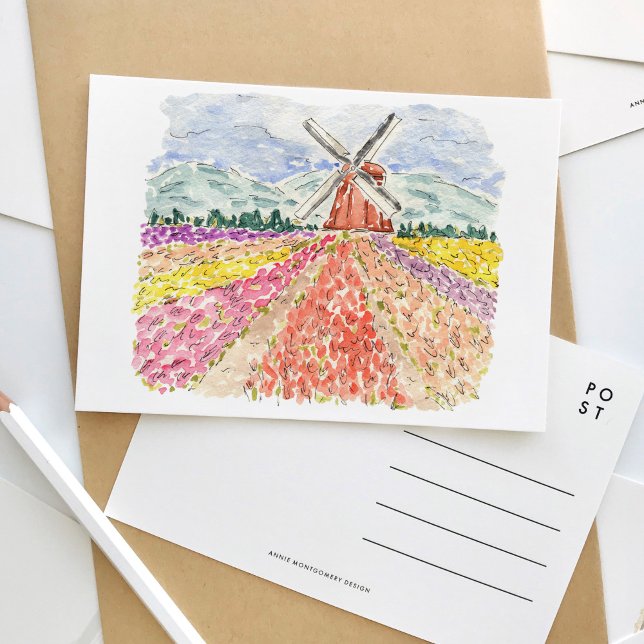 Tulip Fält i Nederländerna Vatercolor Postcard Inbjudan Vykort (The Netherlands tulip fields watercolor travel postcard.)
