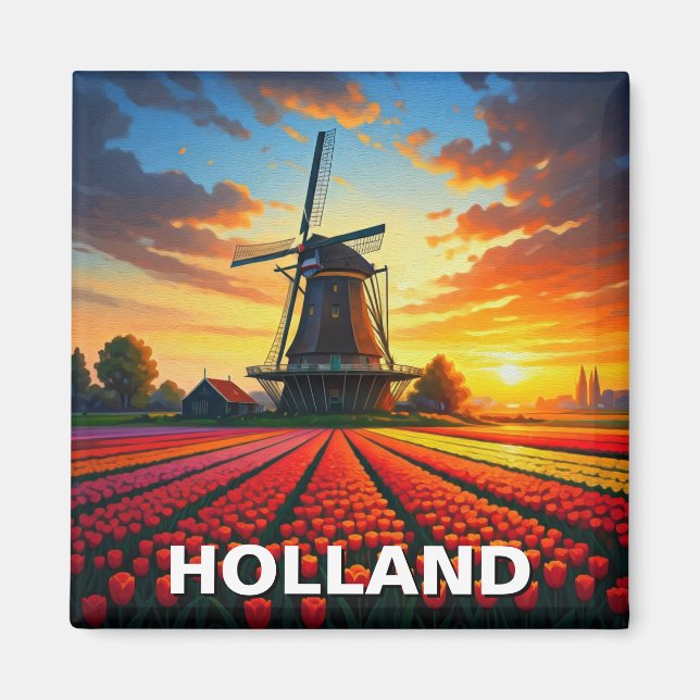 Tulip Fält Kvarn Holland Sunset Magnet (Framsidan)
