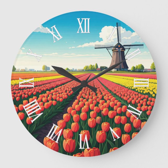 Tulip Fields Windmill Holland Netherlands Stor Klocka (Framsida)