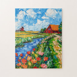 Tulip Fields with Barn and Stream Fantasy Painting Pussel
