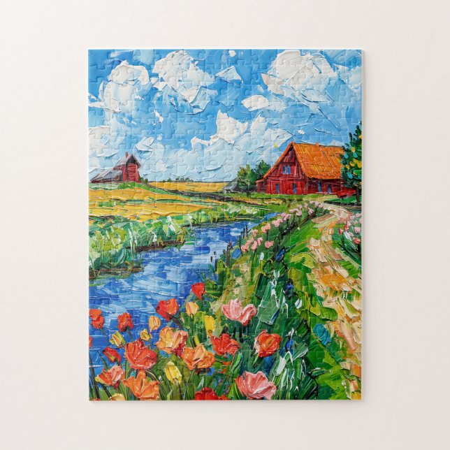 Tulip Fields with Barn and Stream Fantasy Painting Pussel (Vertikal)