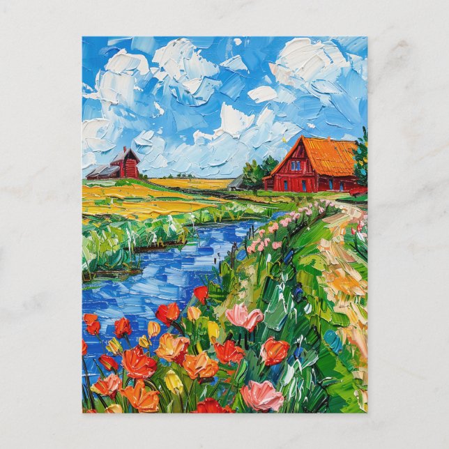 Tulip Fields with Barn and Stream Fantasy Painting Vykort (Framsida)