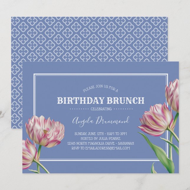 Tulip Flower Birthday Brunch Violet Inbjudningar (Fram/baksida)