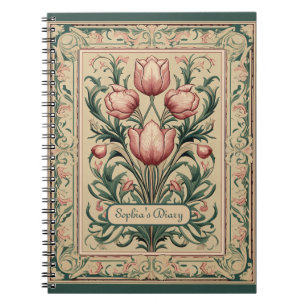 Tulip Flowers Emerald Ornament Medieval Anteckningsbok