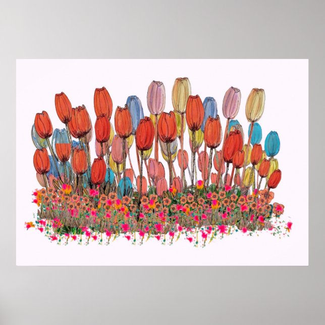 Tulip Garden Botanical Art Print Poster (Framsidan)