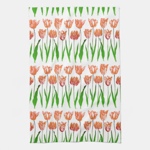 Tulip Garden Print in Coral Orange and Grönt Kökshandduk