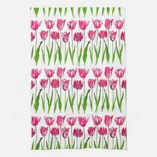 Tulip Garden Print in Fuchsia Rosa and Grönt Kökshandduk