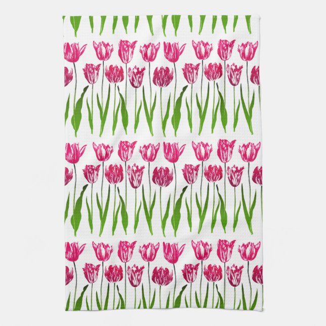Tulip Garden Print in Fuchsia Rosa and Grönt Kökshandduk (Vertikal)