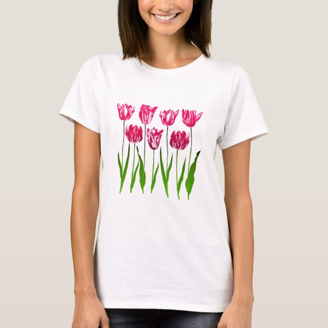 Tulip Garden Print in Fuchsia Rosa and Grönt T Shirt (Framsida)