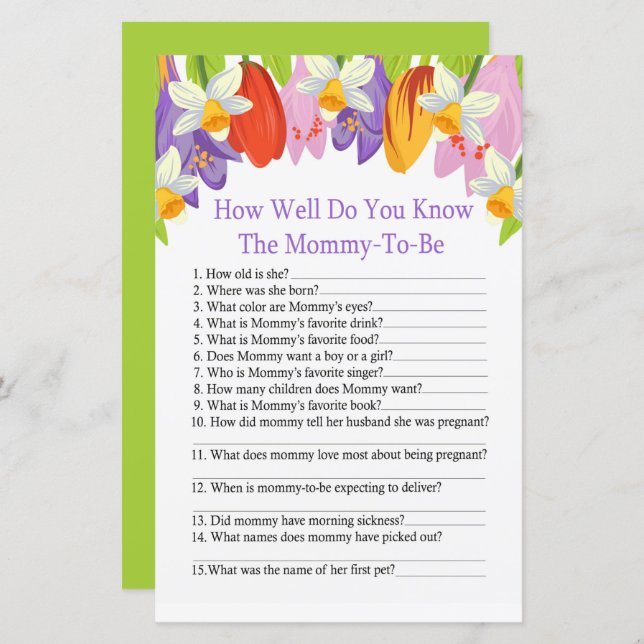 Tulip Hur väl känner du till baby shower-spel (Fram/baksida)