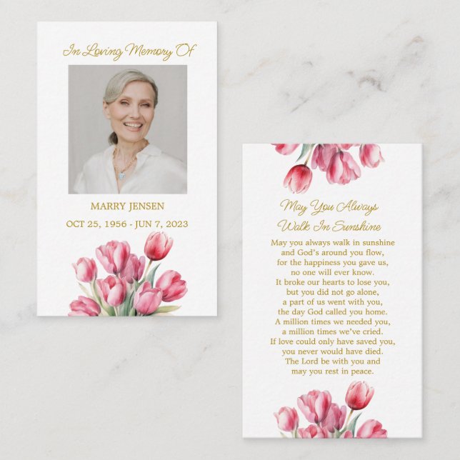 Tulip Memorial Photo Funeral Prayer Card Visitkort (Fram/baksida)