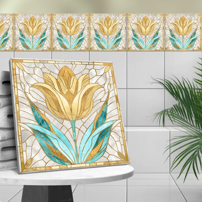 Tulip-mosaik - Pearl, Aquamarine och Guld Kakelplatta (Skapare uppladdad)