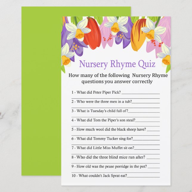 Tulip Nursery Rhyme Quiz-babyduschspel (Fram/baksida)