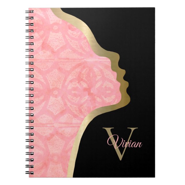 Tulip Rosa Black och Guld Ansikte monogram Namn Anteckningsbok (Framsidan)