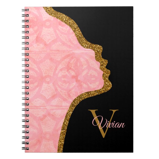 Tulip Rosa och Guld Glitter Monogram Namn Anteckningsbok (Framsidan)