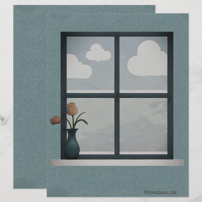 Tulip Vas House Window Clouds Blue ScrapbookPaper (Fram/baksida)