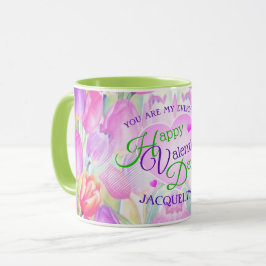 Tulip Watercolor Blommigt med Namn Valentindagen Mugg