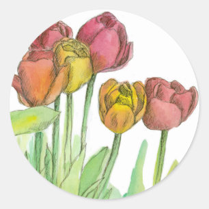Tulip Watercolor Flowers Salmon Rosa Blommigt Art Runt Klistermärke