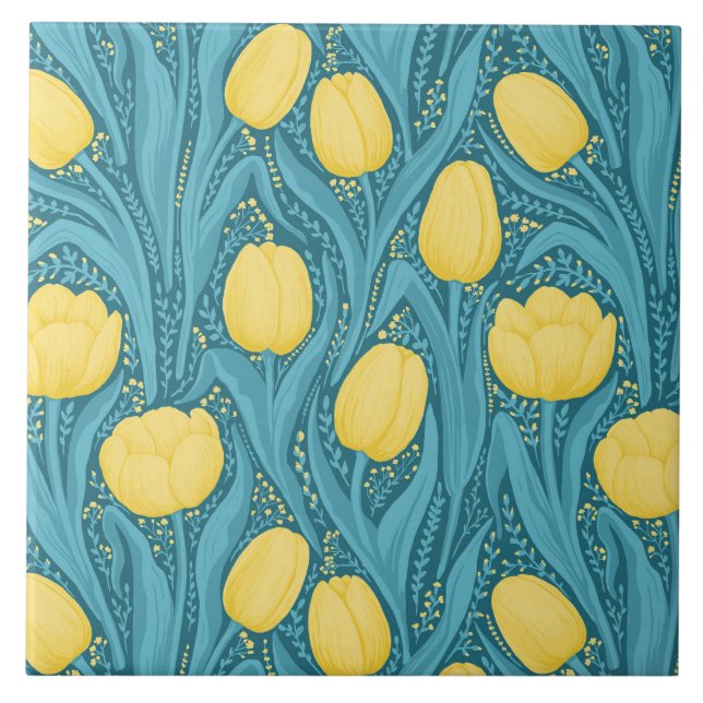 Tuliper i blått och gult kakelplatta (Framsidan)