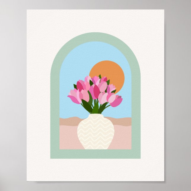 Tuliper i Blommigten Vas Rosa Blue Grönt Poster (Framsidan)