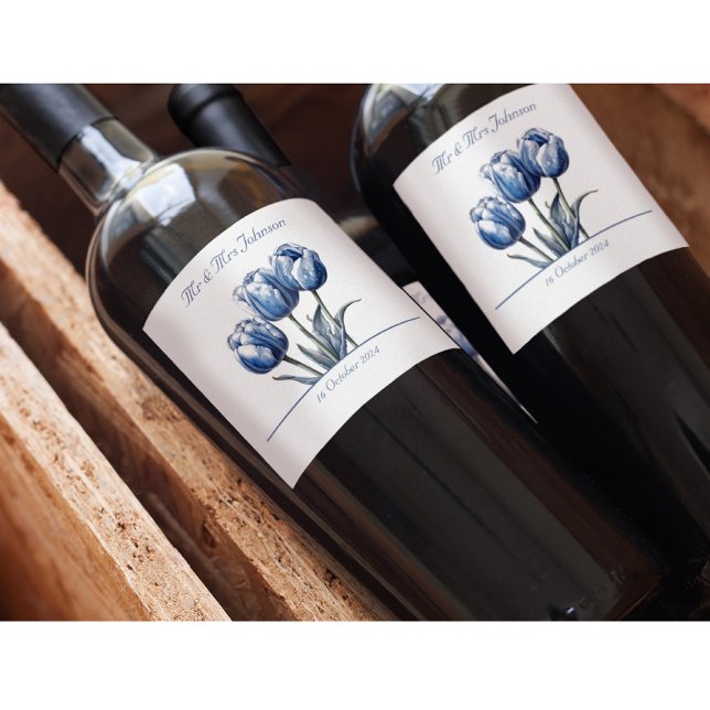 Tuliper i Delft Blue-anpassade Vinflaska Etikett (Skapare uppladdad)