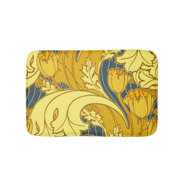 Tulipmönstertryck: Gul Blå Art Nouveau Badrumsmatta (Framsidan)