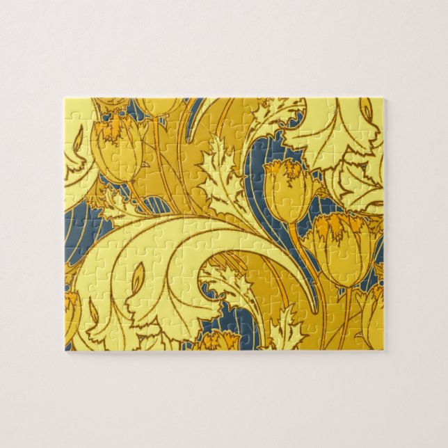 Tulipmönstertryck: Gul Blå Art Nouveau Pussel (Horisontell)