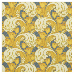 Tulipmönstertryck: Gul Blå Art Nouveau Tyg