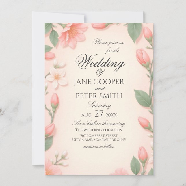 Tulips and blossoms floral Wedding Invitation Inbjudningar (Framsida)