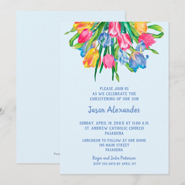 Tulips Boy Christening Baptism-inbjudningar (Fram/baksida)
