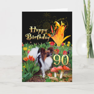 Tulips butterflies papillon hund 90 Birthday Card Kort