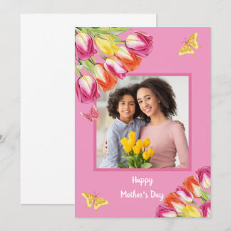 Tulips & Butterflies Rosa Photo Mor Day Kort