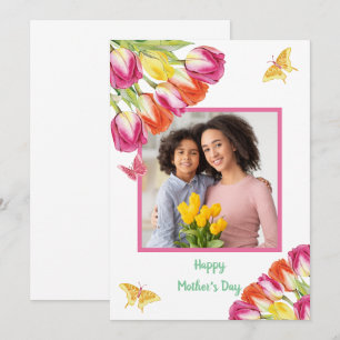 Tulips & Butterflies White Photo Mor's Day Kort