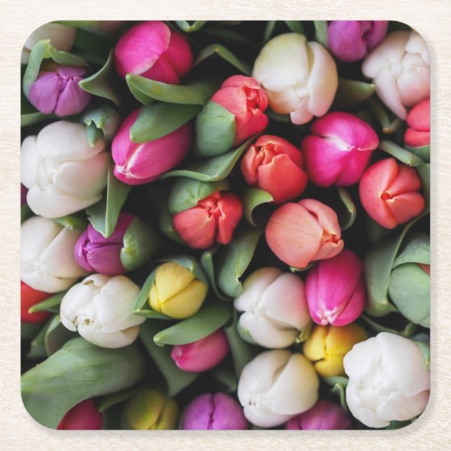 Tulips Colorful Flowers Påsk Vår Underlägg Papper Kvadrat (Framsidan)