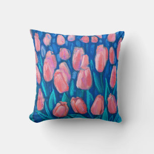 Tulips Fält, Vår blommor Blommigt Art Red Blue Kudde