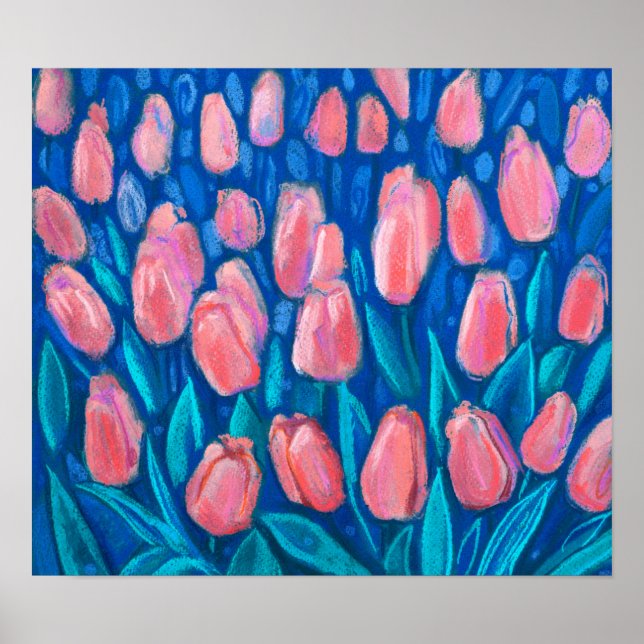 Tulips Fält, Vår blommor Blommigt Art Red Blue Poster (Framsidan)