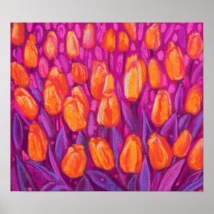 Tulips Fält, Vår blommor Blommigt Orange Lila Poster
